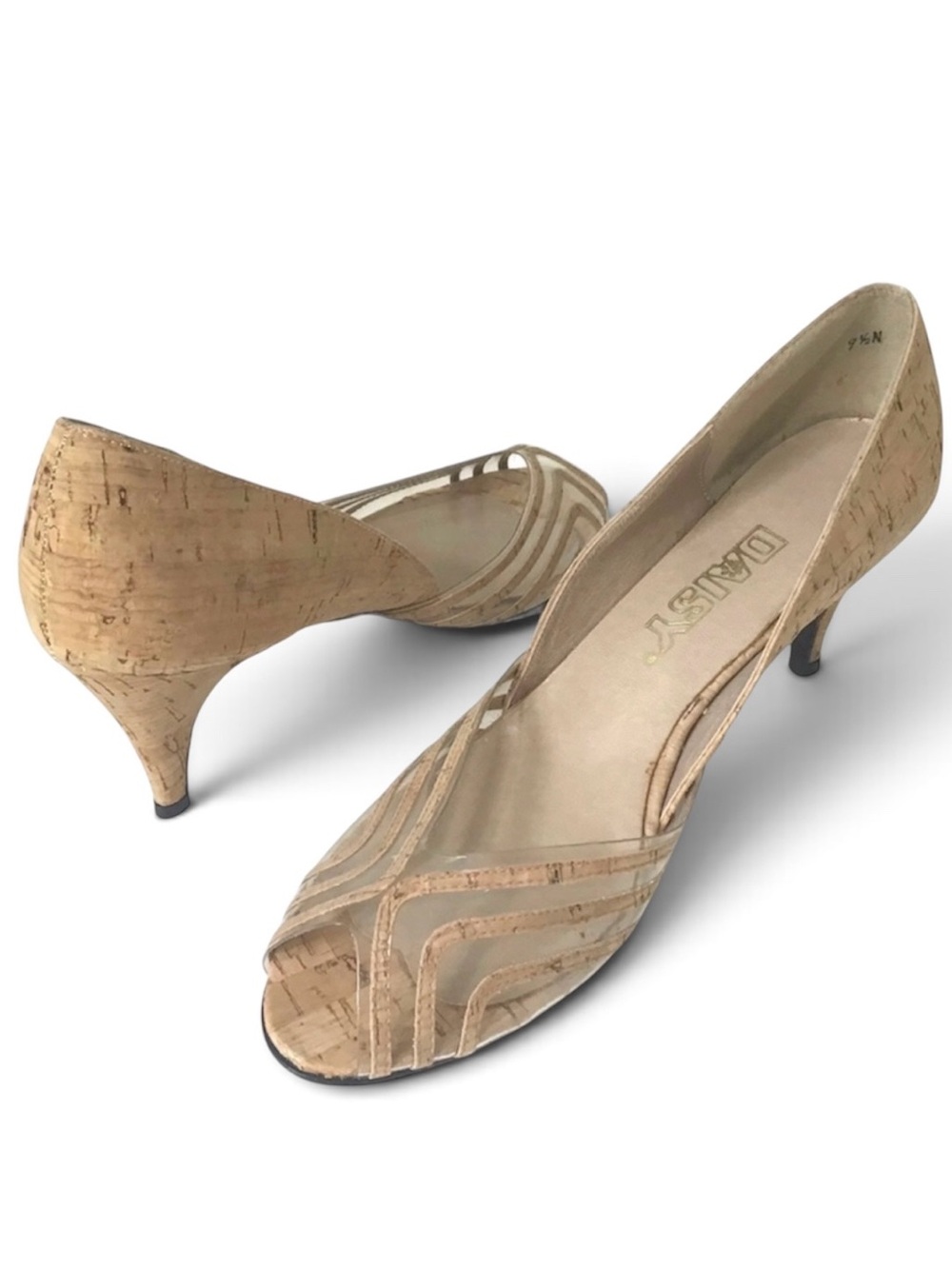 Daisy Cork-Style Heels Size 9.5N Leather Upper Peep Toe Clear Vinyl Accents USA